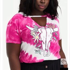 Torrid | Choker Tee Pink Tie Dye Shirt Slub Knit Boho Bull Skull Graphic Crew